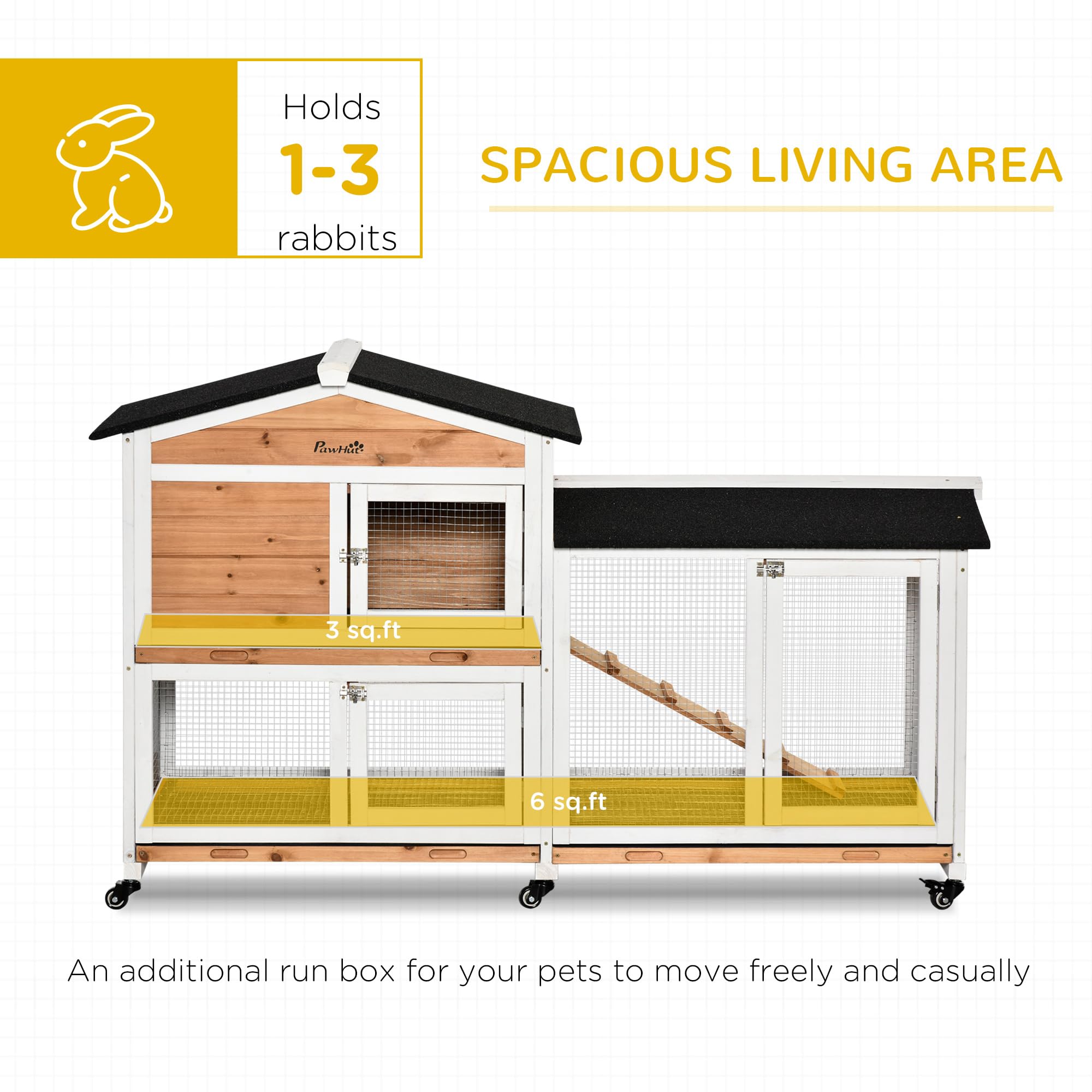 Pawhut 62'' Rabbit Hutch, Wooden Bunny Hutch, Guinea Pig Cage, Small Animal Enclosure With Wheels, Run Area, Removable Tray, Asp